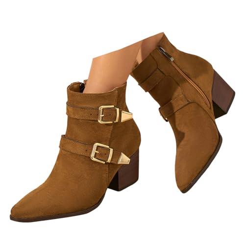 Xbemkste Stiefeletten Damen mit Absatz Spitze Zehe Gürtelschnalle Kurzschaft Boots Elegant Knöchelstiefel Halbschaft Winterstiefel Vintage Damenstiefel Mittelhoch Boots (Brown, 37.5) von Xbemkste