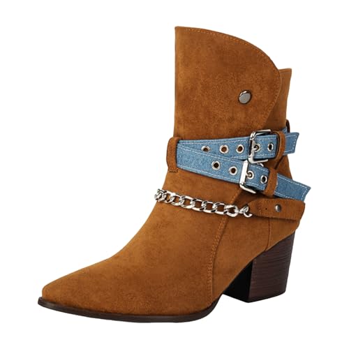Xbemkste Stiefeletten Damen mit Absatz Spitze Zehe Gürtelschnalle Kurzschaft Boots Elegant Knöchelstiefel Western Cowboystiefel Vintage Damenstiefel Halbschaft Winterstiefel (Brown, 37.5) von Xbemkste