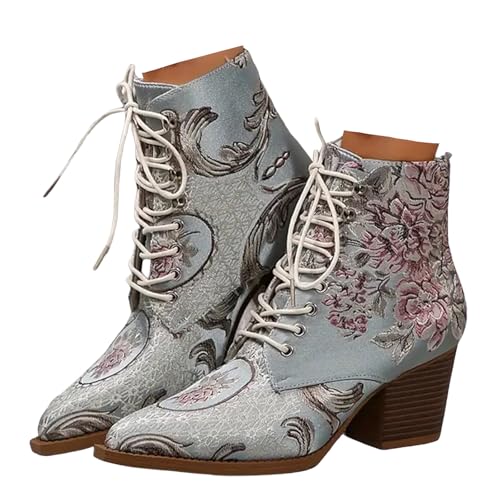 Xbemkste Stiefeletten Damen mit Absatz Spitze Zehe Retro-Stickerei Schnürstiefel Knöchelstiefel Kurzschaft Boots Ankle Stiefel Ethno-Stil Damenstiefel Übergangsstiefel (Blue, 38.5) von Xbemkste