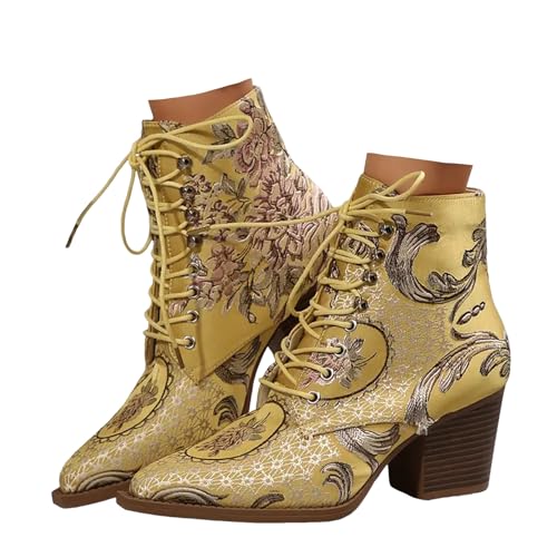 Xbemkste Stiefeletten Damen mit Absatz Spitze Zehe Retro-Stickerei Schnürstiefel Knöchelstiefel Kurzschaft Boots Ankle Stiefel Ethno-Stil Damenstiefel Übergangsstiefel (Yellow, 41) von Xbemkste