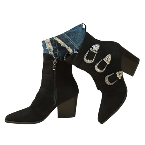 Xbemkste Stiefeletten Damen mit Absatz Spitze Zehe Wildleder Seitlicher Reißverschluss Westernstiefel Gürtelschnalle Halbstiefel Halbhohe Bequemer Ankle Boots Damenstiefel (41) von Xbemkste