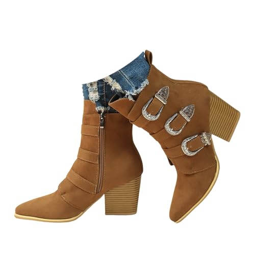 Xbemkste Stiefeletten Damen mit Absatz Spitze Zehe Wildleder Seitlicher Reißverschluss Westernstiefel Gürtelschnalle Halbstiefel Halbhohe Bequemer Ankle Boots Damenstiefel (Brown, 36) von Xbemkste