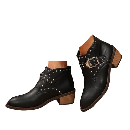 Xbemkste Stiefeletten Damen mit Absatz Verstellbare Schnalle Ankle Boots Kurzschaft Stiefel Elegant Damenstiefel Knöchelstiefel Kurz Cowboystiefel Casual Winterschuhe (38.5) von Xbemkste