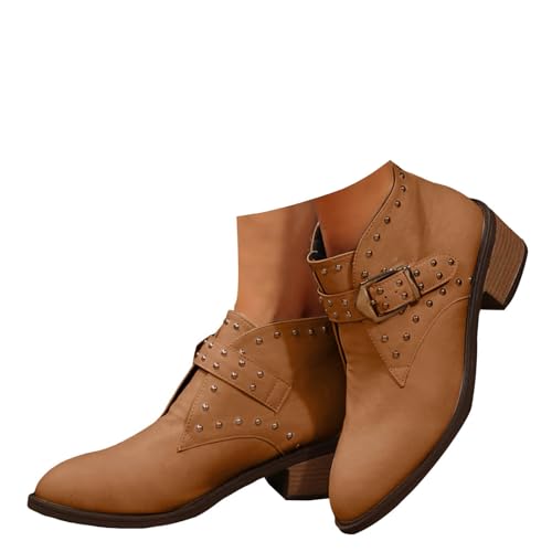 Xbemkste Stiefeletten Damen mit Absatz Verstellbare Schnalle Ankle Boots Kurzschaft Stiefel Elegant Damenstiefel Knöchelstiefel Kurz Cowboystiefel Casual Winterschuhe (Brown, 37.5) von Xbemkste