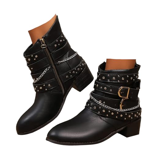 Xbemkste Stiefeletten Damen mit Absatz Vintage Boots Westernstiefel Nieten Biker Boots mit Reißverschluß Bequem Kurzschaft Stiefel Ankle Boots Knöchelstiefel (35) von Xbemkste