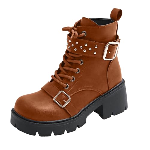 Xbemkste Stiefeletten Damen mit Absatz Vintage Schnürstiefel mit seitlicher Reißverschluss Runde Zehenpartie Kurzschaft Boots Knöchelstiefel Wasserdicht Winterstiefel (Brown, 40.5) von Xbemkste