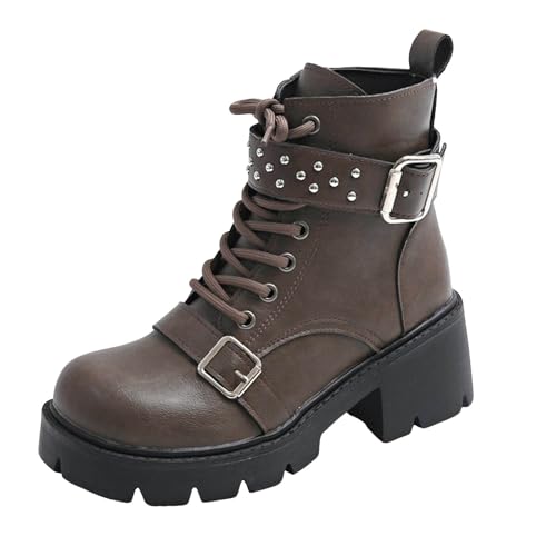 Xbemkste Stiefeletten Damen mit Absatz Vintage Schnürstiefel mit seitlicher Reißverschluss Runde Zehenpartie Kurzschaft Boots Knöchelstiefel Wasserdicht Winterstiefel (Grey, 40.5) von Xbemkste
