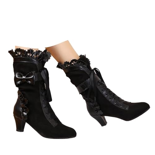 Xbemkste Stiefeletten Damen mit Absatz Vintage Viktorianische Stiefel Mittelhoch Schnürstiefel Mittelalter Schuhe Trachtenstiefel Hochzeitskleid Stiefel Elegant Halbstiefel (39) von Xbemkste
