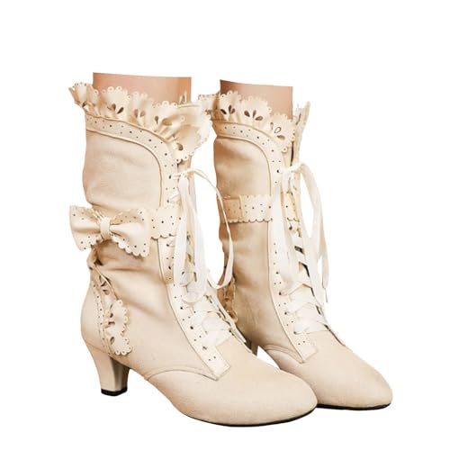 Xbemkste Stiefeletten Damen mit Absatz Vintage Viktorianische Stiefel Mittelhoch Schnürstiefel Mittelalter Schuhe Trachtenstiefel Hochzeitskleid Stiefel Elegant Halbstiefel (Beige, 35.5) von Xbemkste