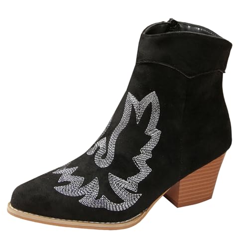Xbemkste Stiefeletten Damen mit Absatz seitlicher Reißverschluss Stickereien Wildleder Halbstiefel Elegant Knöchelstiefel Kurzschaft Boots Bequeme Damenstiefel (39) von Xbemkste