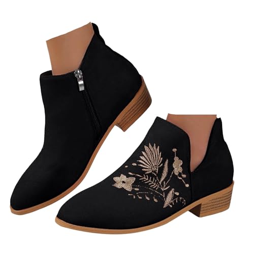 Xbemkste Stiefeletten Damen mit Absatz und Stickereien Retro Wildleder Chelsea Boots Ankle Boots Herbst Winter Trachten Schuhe Lässige Kurzstiefel Übergangsstiefel (38.5) von Xbemkste
