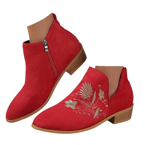 Xbemkste Stiefeletten Damen mit Absatz und Stickereien Retro Wildleder Chelsea Boots Ankle Boots Herbst Winter Trachten Schuhe Lässige Kurzstiefel Übergangsstiefel (Red, 40.5) von Xbemkste