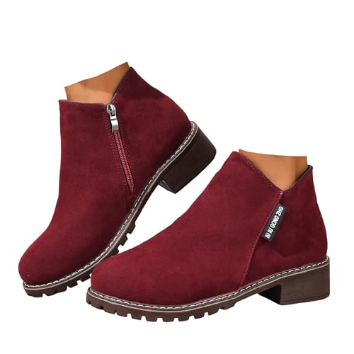 Xbemkste Stiefeletten Damen mit Absatz und seitlicher Reißverschluss Runde Zehe Elegant Knöchelstiefel Trachten Kurzschaft Boots Ankle Boots Bequemer Winterstiefel (Red, 37.5) von Xbemkste