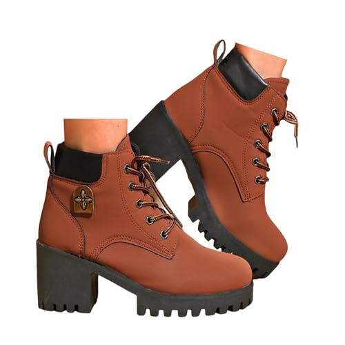 Xbemkste Stiefeletten Damen mit Chunky Absatz Lässige Schnürstiefel Kurz Bikerstiefel Runde Zehe Kurzschaft Boots Elegant Knöchelstiefel Ankle Stiefel Übergangsstiefel (37.5) von Xbemkste