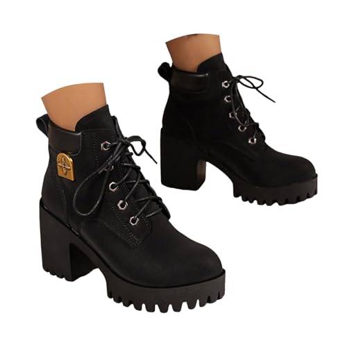 Xbemkste Stiefeletten Damen mit Chunky Absatz Lässige Schnürstiefel Kurz Bikerstiefel Runde Zehe Kurzschaft Boots Elegant Knöchelstiefel Ankle Stiefel Übergangsstiefel (40) von Xbemkste