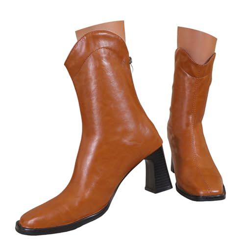 Xbemkste Stiefeletten Damen mit Chunky Absatz Lederstiefel Bequemer Gefüttert Mittelschaftstiefel Halbschaft Quadratschuh Damenstiefel Weitschaftstiefel Cowboystiefel (Brown, 40.5) von Xbemkste