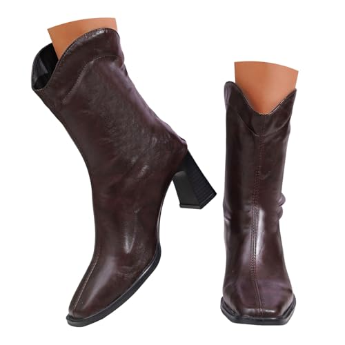 Xbemkste Stiefeletten Damen mit Chunky Absatz Lederstiefel Bequemer Gefüttert Mittelschaftstiefel Halbschaft Quadratschuh Damenstiefel Weitschaftstiefel Cowboystiefel (Coffee, 39) von Xbemkste