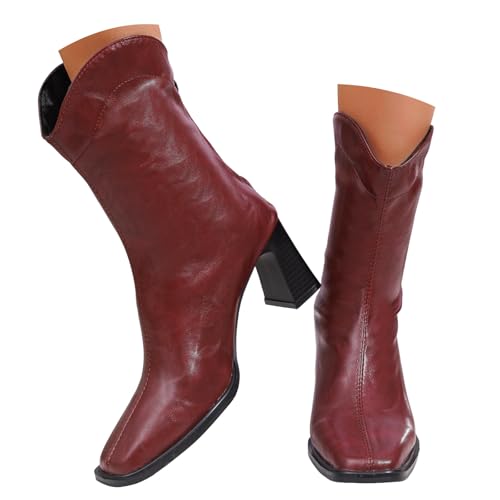 Xbemkste Stiefeletten Damen mit Chunky Absatz Lederstiefel Bequemer Gefüttert Mittelschaftstiefel Halbschaft Quadratschuh Damenstiefel Weitschaftstiefel Cowboystiefel (Red, 40) von Xbemkste