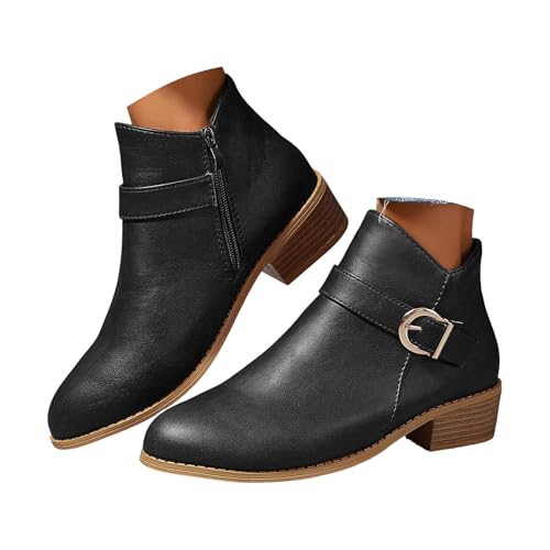 Xbemkste Stiefeletten Damen mit Gürtelschnalle Bequemer Absatz Ankle Boots Elegant Damenstiefel Kurzschaft Stiefel Wasserdicht Lederstiefel Vintage Knöchelstiefel (40.5) von Xbemkste