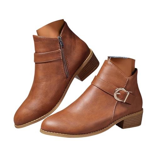 Xbemkste Stiefeletten Damen mit Gürtelschnalle Bequemer Absatz Ankle Boots Elegant Damenstiefel Kurzschaft Stiefel Wasserdicht Lederstiefel Vintage Knöchelstiefel (Brown, 40.5) von Xbemkste