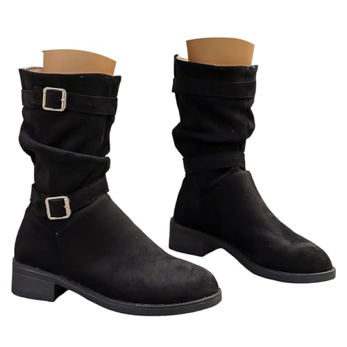 Xbemkste Stiefeletten Damen mit Gürtelschnalle Gekräuselt Runde Zehe Halbschaft Stiefel Elegant Halbstiefel Kurzschaft Boots Lässige Mittelhoch Boots Übergangsstiefel (41) von Xbemkste