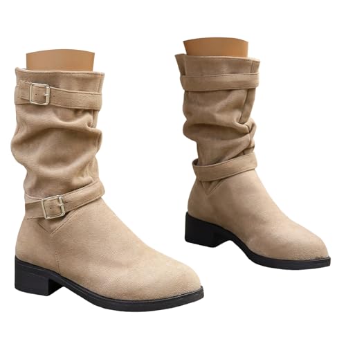 Xbemkste Stiefeletten Damen mit Gürtelschnalle Gekräuselt Runde Zehe Halbschaft Stiefel Elegant Halbstiefel Kurzschaft Boots Lässige Mittelhoch Boots Übergangsstiefel (Khaki, 40) von Xbemkste