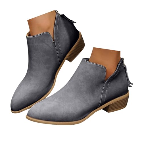 Xbemkste Stiefeletten Damen mit Niedriger Absatz Vintage Ankle Boots Chelsea Boots mit Reißverschluss Knöchelstiefel Lässige Damenstiefel Herbst Winter Stiefel (Grey, 39) von Xbemkste