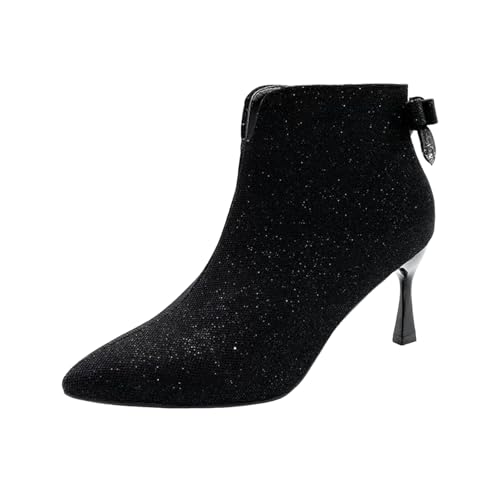 Xbemkste Stiefeletten Damen mit Pfennigabsatz Spitze Zehe Knöchelstiefel Elegant Ankle Boots mit Schleife Glitzer Kurzschaft Boots Hochzeitsschuhe für Dating Party Business (40.5) von Xbemkste