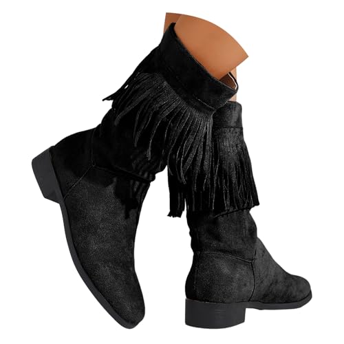 Xbemkste Stiefeletten Damen mit Quasten Elegant Mittelhoch Stiefel Halbstiefel Fransenstiefel Schlupfen Weitschaftstiefel Lässige Kurzschaft Boots Übergangsstiefel (39) von Xbemkste