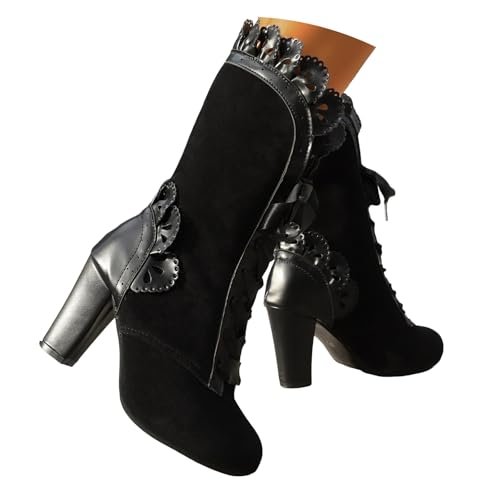 Xbemkste Stiefeletten Damen mit Spitzenborte Wildleder Schnürstiefel Halbschaft Damenstiefel Vintage Halbstiefel Elegant Mittelhoch Stiefel Winterstiefel Kurzschaft Boots (37) von Xbemkste