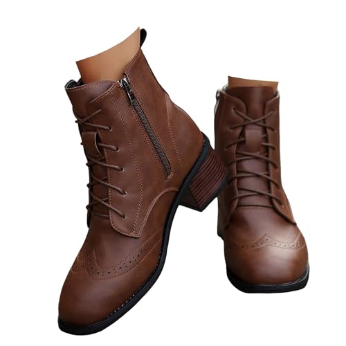 Xbemkste Stiefeletten Damen zum Schnüren mit Blockabsatz Lederstiefel Vintage Viktorianische Stiefel Gothic Mittelalter Schuhe Herbst Winter Kurzstiefel Retro Ankle Boots (Brown, 36) von Xbemkste