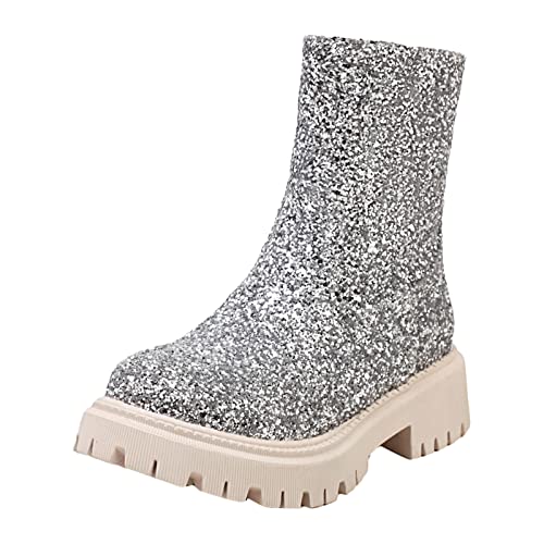 Xbemkste Stiefeletten Damenschuhe Britischer Stil Low Heel Pailletten seitlicher Reißverschluss Freizeitstiefel Hohe Schuhe Damen (Silver, 39) von Xbemkste