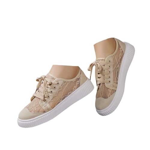 Xbemkste Trachtenschuhe Damen Sneaker Mesh Atmungsaktive Sommerschuhe Bequem Flache Schuhe Bestickt Freizeitschuhe Braut Tennisschuhe Spitze Turnschuhe (Khaki, 40.5) von Xbemkste