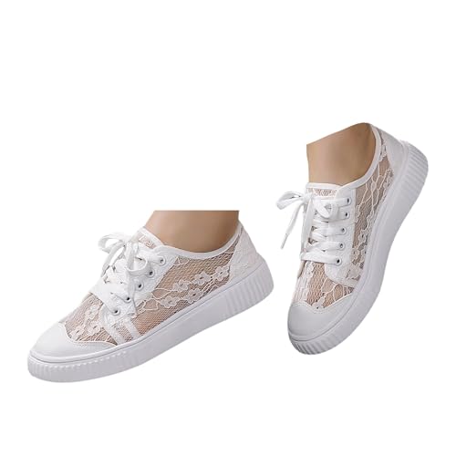 Xbemkste Trachtenschuhe Damen Sneaker Mesh Atmungsaktive Sommerschuhe Bequem Flache Schuhe Bestickt Freizeitschuhe Braut Tennisschuhe Spitze Turnschuhe (White, 37) von Xbemkste