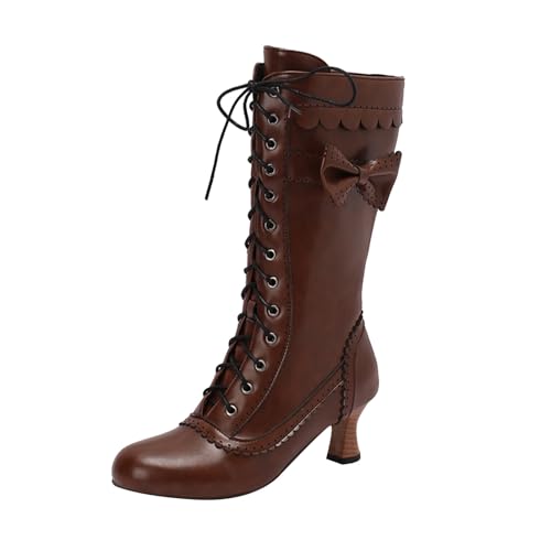 Xbemkste Trachtenstiefel Damen Vintage Viktorianische Stiefel Schnürstiefel Mittelalter Schuhe Mittelkalb Hochzeitskleid Elegant Langschaftstiefel Winterschuhe (Brown, 39) von Xbemkste