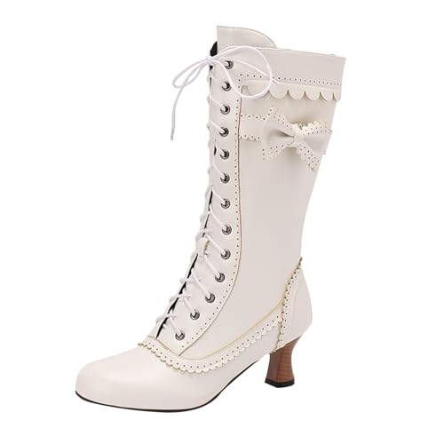 Xbemkste Trachtenstiefel Damen Vintage Viktorianische Stiefel Schnürstiefel Mittelalter Schuhe Mittelkalb Hochzeitskleid Elegant Langschaftstiefel Winterschuhe (White, 37) von Xbemkste