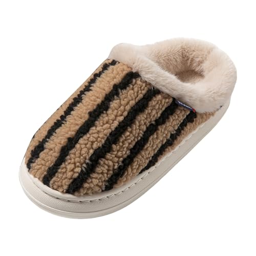 Xbemkste Warme Hausschuhe Damen Herren Winter Plüsch Pantoffeln Flauschige Weiches aus Memory-Schaum Streifen Rutschfeste Sohle Slippers für Drinnen Draußen mit Fellfutter (Coffee, 42) von Xbemkste