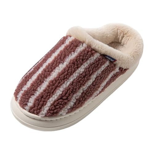 Xbemkste Warme Hausschuhe Damen Herren Winter Plüsch Pantoffeln Flauschige Weiches aus Memory-Schaum Streifen Rutschfeste Sohle Slippers für Drinnen Draußen mit Fellfutter (Red, 39) von Xbemkste