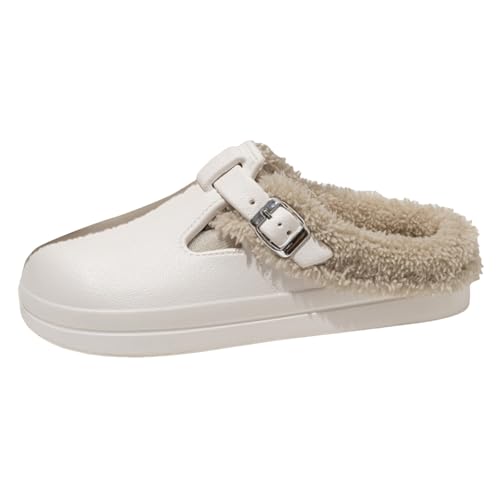 Xbemkste Warme Hausschuhe Damen Winter Gefüttert Clogs Wasserdicht Pantoffeln Weiche Bequeme Wohnschuhe Plüsch Slipper rutschfeste Winterschuhe Outdoor Gartenschuhe (White, 37.5) von Xbemkste