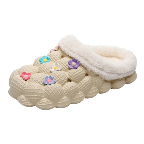 Xbemkste Warme Hausschuhe Damen Winter Kunstwolle Memory Foam Geschlossen Pantoffeln Kuschelig Weiches Plüsch Slipper Bequem Rutschfeste Hauspantoffeln für Innen/Außen (Beige, 40.5) von Xbemkste