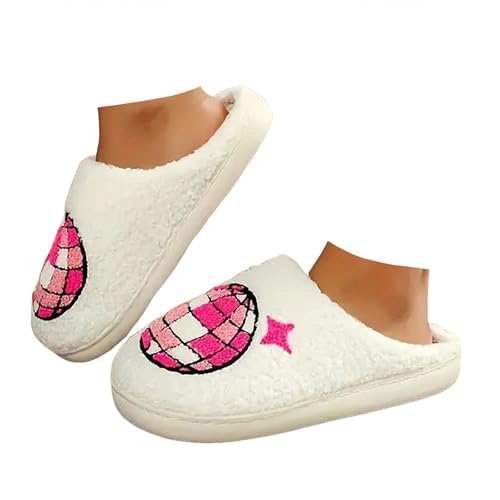 Xbemkste Warme Hausschuhe Damen Winter Plüsch Filzpantoffeln Niedliche Cartoon Print Gemütlich Fuzzy Pelz Slipper Weiches Fleece Hüttenschuh Offene Fersen Bequeme Wohnschuhe (White, 36) von Xbemkste