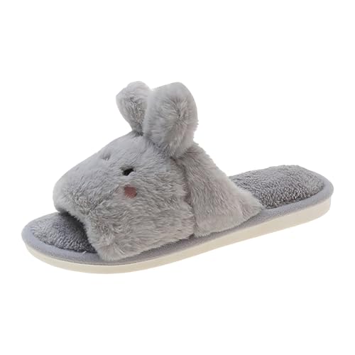 Xbemkste Warme Hausschuhe Damen Winter Plüsch Niedliche Cartoon Kaninchen Hausschuhe Gemütliche Furry Open Toe Slipper Flauschige Weiche Pantoffeln Süße Tiere Filzpantoffeln (Grey, 37) von Xbemkste