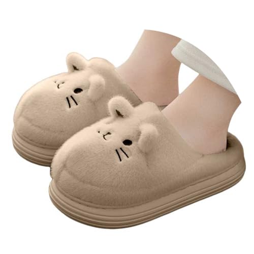 Xbemkste Warme Hausschuhe Damen Winter Plüsch Pantoffeln Niedliche Flauschige Katze Slipper Tierhaus-Hausschuhe Weiches Gemütlich Wonens Plüschschuhe Baumwolleschuhe (Khaki, 37.5) von Xbemkste