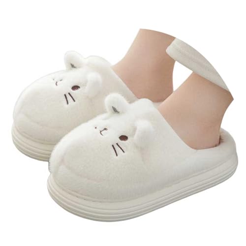 Xbemkste Warme Hausschuhe Damen Winter Plüsch Pantoffeln Niedliche Flauschige Katze Slipper Tierhaus-Hausschuhe Weiches Gemütlich Wonens Plüschschuhe Baumwolleschuhe (White, 37.5) von Xbemkste