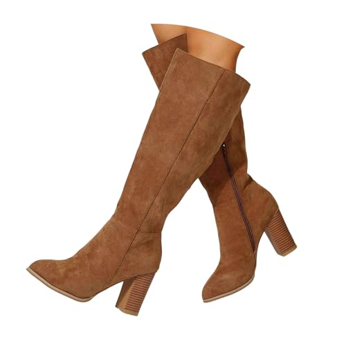 Xbemkste Weitschaftstiefel Damen Slouchy Boots mit Absatz Langschaftstiefel Hohe Stiefel Cowboystiefel Schlupfstiefel Wildlederstiefel Winterstiefel Kniehohe Damenstiefel (Brown, 41) von Xbemkste