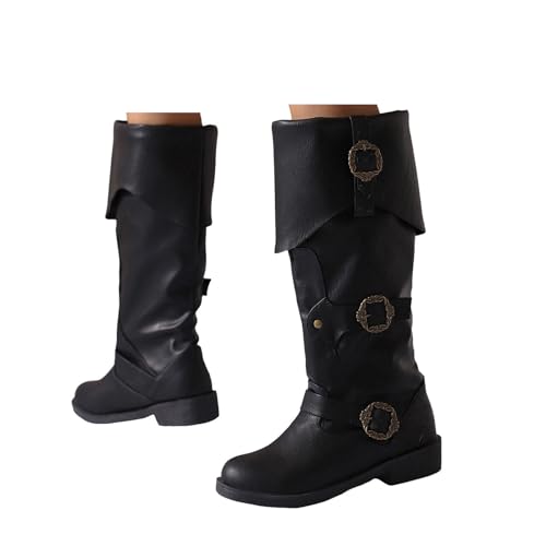Xbemkste Westernstiefel Damen Fold Over Boots Mittelalter Stiefel Piratenstiefel Vintage Langschaftstiefel Lederstiefel Schlupfen Mittelschaftstiefel Cosplay Stiefel (42) von Xbemkste