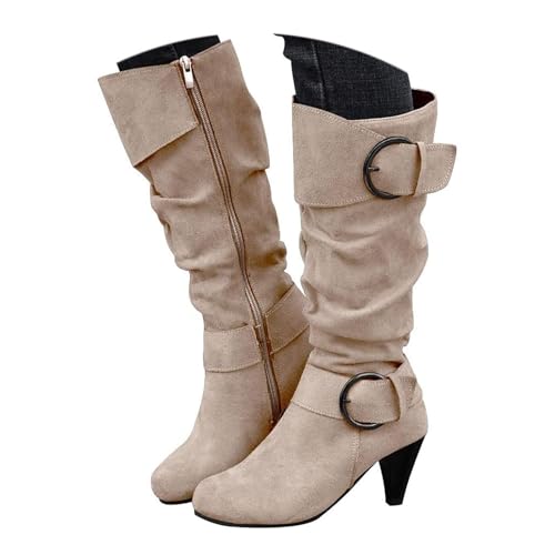 Xbemkste Westernstiefel Damen Langschaft Stiefel mit Absatz Veloursleder Slouchy Boots Weitschaftstiefel Vintage Hohe Stiefel Kniehohe Boots Warm Winterstiefel Reitstiefel (Beige, 41) von Xbemkste