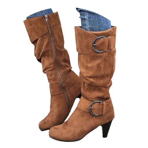 Xbemkste Westernstiefel Damen Langschaft Stiefel mit Absatz Veloursleder Slouchy Boots Weitschaftstiefel Vintage Hohe Stiefel Kniehohe Boots Warm Winterstiefel Reitstiefel (Brown, 37) von Xbemkste