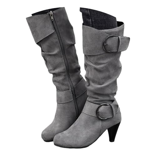 Xbemkste Westernstiefel Damen Langschaft Stiefel mit Absatz Veloursleder Slouchy Boots Weitschaftstiefel Vintage Hohe Stiefel Kniehohe Boots Warm Winterstiefel Reitstiefel (Grey, 41) von Xbemkste