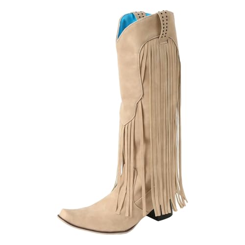 Xbemkste Westernstiefel Damen Stiefel mit Fransen Blockabsatz Wildleder Kniehohe Boots Cowboystiefel Winterschuhe Elegant Langschaftstiefel Weitschaftstiefel Winterstiefel (Beige, 39) von Xbemkste